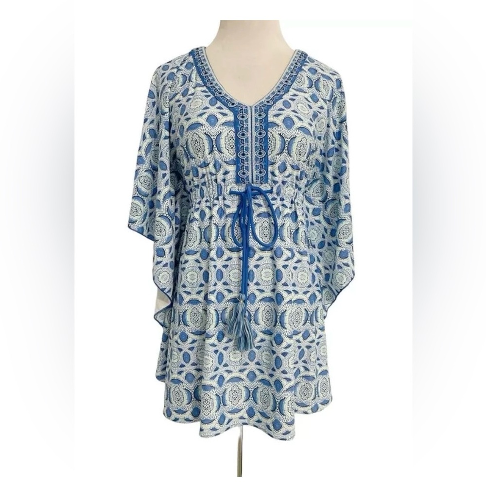 Cabana Life Blue & White Dolman Batwing Sleeve Swim Dress size S